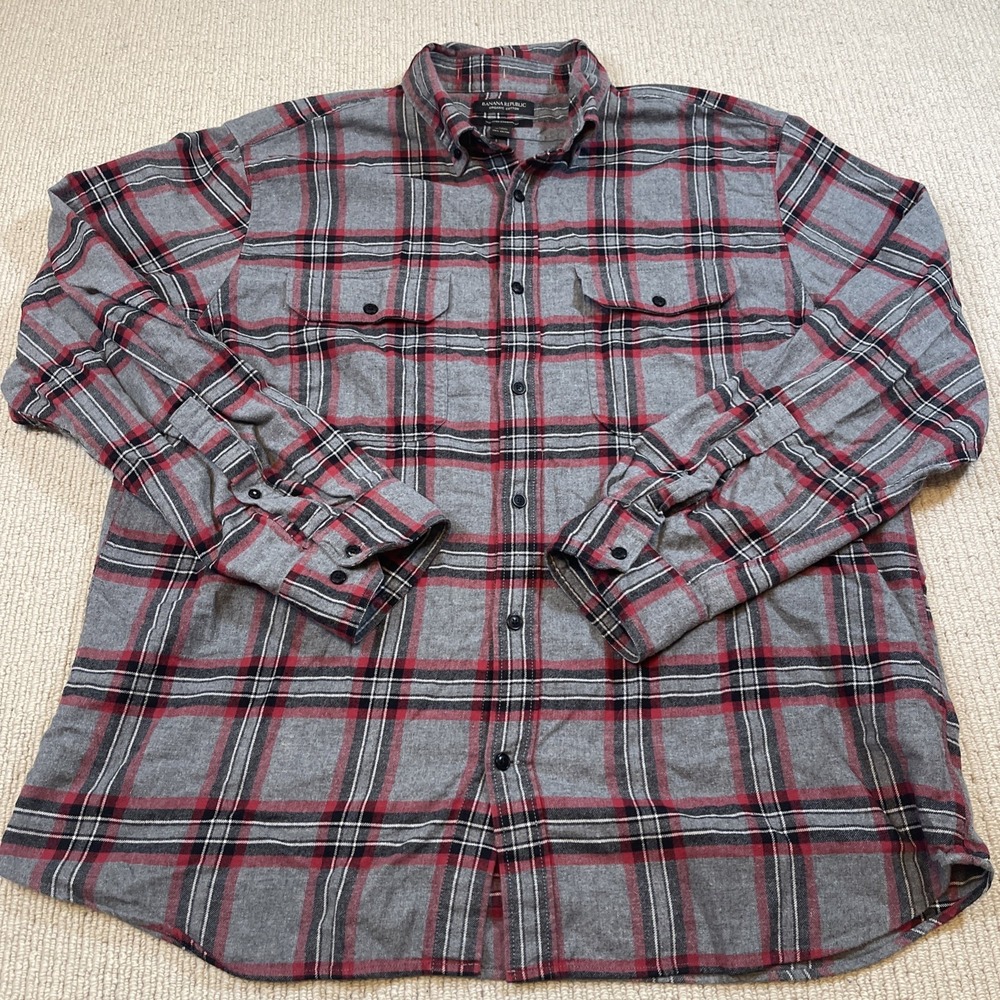 Banana Republic Men's XL Flannel Shirt Red Organic Cotton Standard Fit Untucked